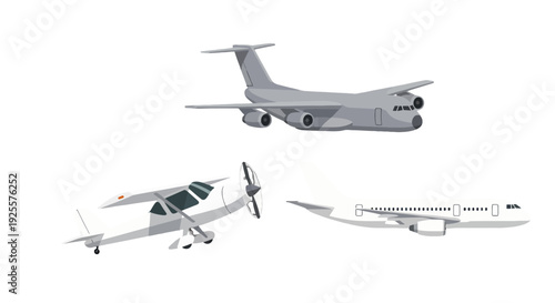 Diverse vector airplanes grey cargo jet white propeller plane and sleek passenger airliner.