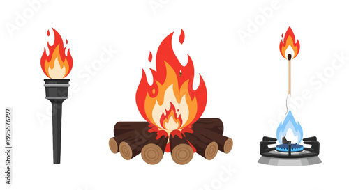 Flat Design Fire Sources Vector Set Burning Torch Campfire and Gas Stove with Match.