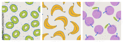 A set of seamless modern summer fruit patterns with kiwi, banana, and plums on a white background; simple cute vector illustration, hand-drawn with brush strokes in a flat style