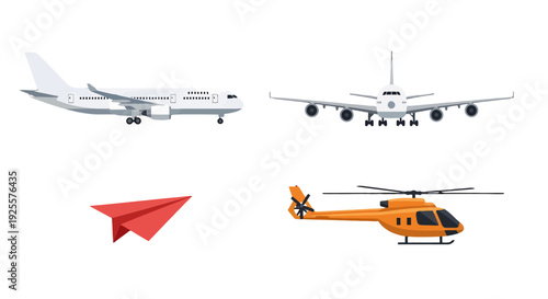 Flat vector illustrations of diverse aircraft white passenger airplanes red paper plane orange helicopter.