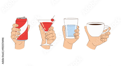Four diverse hands holding various beverages soda can martini water glass coffee cup in a clean illustration style.