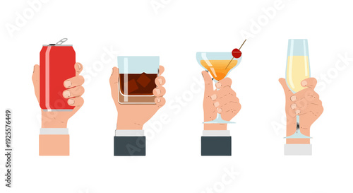 Four diverse hands holding various drinks red soda can whiskey cocktail with cherry and champagne flute.