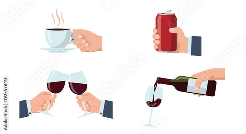 Illustrated hands holding diverse drinks steaming coffee soda can clinking wine glasses and pouring red wine.