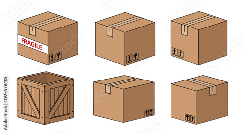 Isometric brown cardboard shipping boxes and wooden crate vector illustration set some with fragile label and up arrows.
