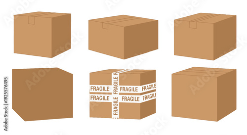 Isometric brown cardboard shipping boxes some sealed one prominently wrapped with white fragile warning tape.