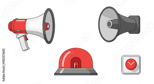 Red and white handheld megaphone with a grey speaker featuring a trigger and handle.