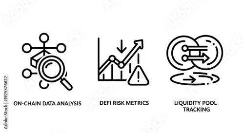 Decentralized Finance Data Analysis Line Art Icons: On-Chain Data, DeFi Risk Metrics, and Liquidity Pool Tracking for Blockchain Investing