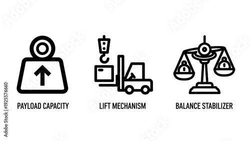 Industrial Logistics and Engineering Line Art Icons: Payload Capacity, Lift Mechanisms, and Balance Stabilizers for Heavy Machinery