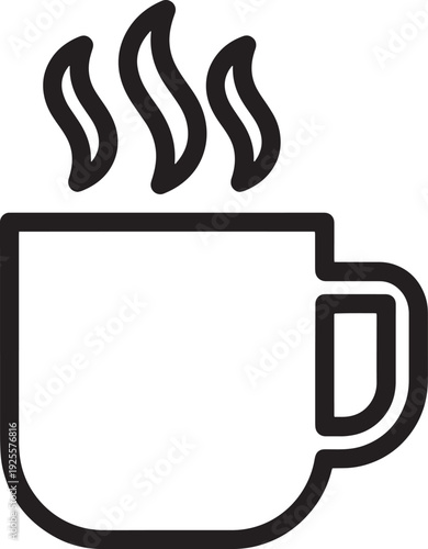 Modern bold black outline icon of a ceramic mug with three steam waves, representing hot beverages and comfort in a clear, graphic style.