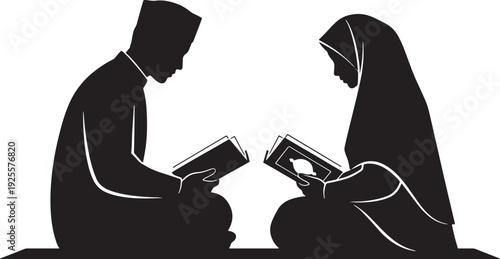 Spiritual silhouette of a man and woman sitting side-by-side, peacefully reading the Holy Quran together, evoking a sense of shared faith.