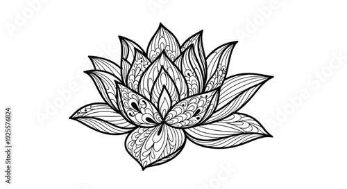 Intricate black and white line art lotus flower illustration. Ornate floral design with delicate mandala patterns, symbolizing spirituality and meditation.