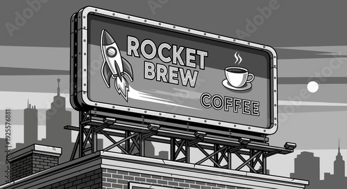 Retro coffee advertisement billboard illustration with a rocket graphic and steaming coffee cup against an urban cityscape background. Business promotion concept.