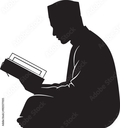 Serene silhouette of a man peacefully reading the Holy Quran while seated, representing devotion, learning, and spiritual practice.