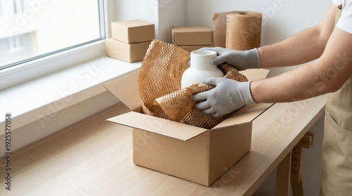 Adult in gloves carefully packing a white ceramic vase into a cardboard box using eco-friendly honeycomb paper, small business shipping, retail packaging.