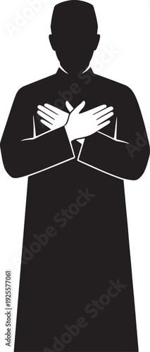 Silhouette of a man standing in the Qiyam prayer position during Salah, hands held formally, signifying Islamic prayer and devotion.