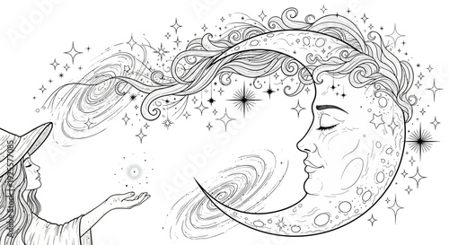 Mystical Woman and Crescent Moon Goddess with Stars Line Art. Dreamy Magical Fantasy Illustration for Coloring Book