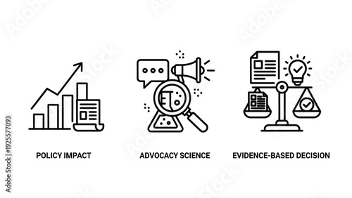 Public Policy, Advocacy, and Evidence-Based Decision Making Line Art Icons: Impact, Research, and Informed Choices
