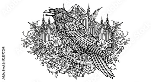 Intricate black and white raven illustration with gothic architecture, roses, and ornate details. Dark fantasy bird art design.