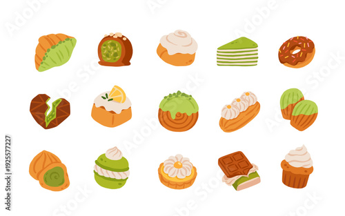 Matcha and pistachio desserts set with green pastries, cakes, cupcakes, donuts and sweets. Flat vector illustration of cute cartoon bakery and confectionery collection isolated on white background