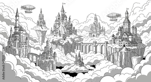 Detailed Black and White Fantasy Illustration of Floating Medieval Castles and Cities in the Sky with Steampunk Airships