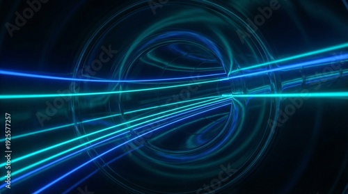 Futuristic tunnel with glowing blue data lines inside a transparent glass cylinder, digital corridor, high speed connectivity, virtual reality.