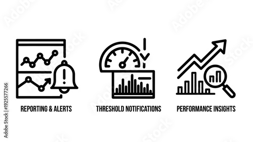 Data Analysis and Performance Monitoring Outline Icons for Reporting, Threshold Alerts, and Business Insights in Digital Analytics