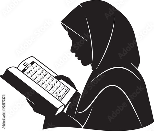 Side profile silhouette of a woman attentively reading an open Quran, symbolizing faith and devotion.