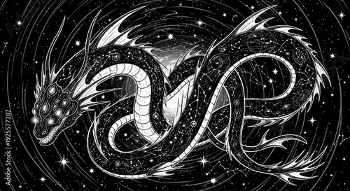 Cosmic Serpent Dragon Illustration in Starry Void. Mystical Fantasy Creature with Glowing Eyes, Monochromatic Digital Art.