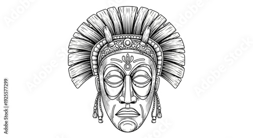 Detailed Ancient Tribal Mask with Elaborate Ceremonial Headdress Monochrome Line Art Illustration, Cultural Art
