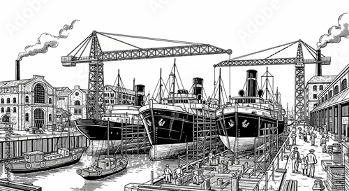 Detailed vintage illustration of a bustling industrial shipyard with ships under construction, working cranes, and active dock workers.