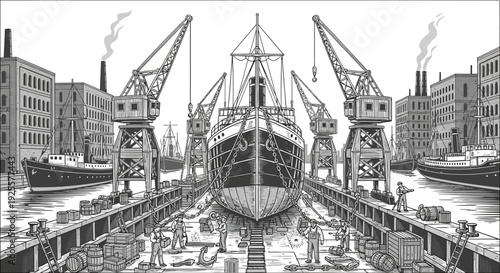 Classic illustration of a large cargo ship undergoing maintenance in a bustling industrial dry dock with cranes and workers at a busy shipyard.