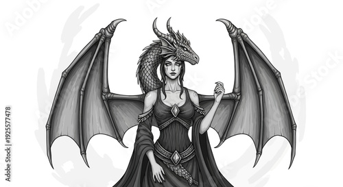 Majestic fantasy queen with dragon head crown and powerful wings, mythical creature sorceress illustration in monochrome
