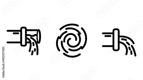 Water Flow, Drainage, and Fluid Dynamics Line Icons Depicting Movement, Swirls, and Outlet Pipes for Liquid Management.
