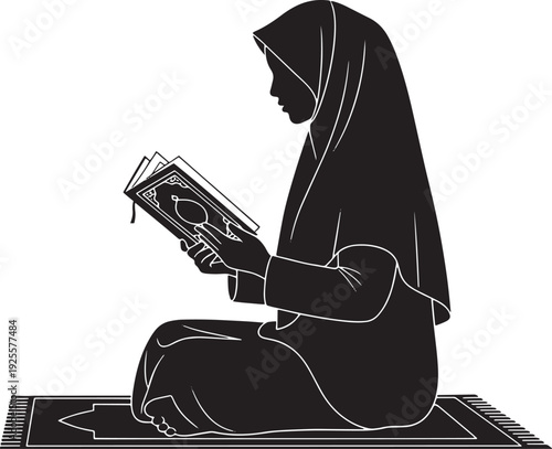 A woman in silhouette sits peacefully on a prayer mat, absorbed in reading the Quran, a serene scene of devotion.