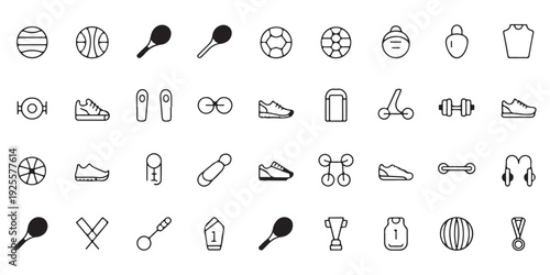 Sports equipment icons, balls, shoes, rackets, weights, trophy for active lifestyle vector illustrations