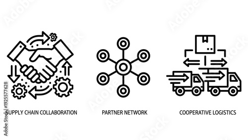 Integrated Supply Chain, Partner Network, and Cooperative Logistics Line Icons for Business Collaboration and Distribution.