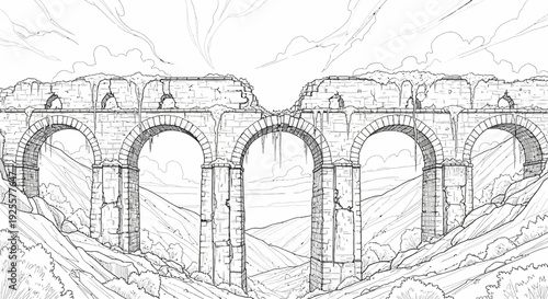 Detailed line art sketch of ancient stone aqueduct ruins, a crumbling arch bridge spanning a mountain valley landscape in black and white.