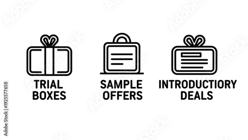 Marketing and sales promotion icons depicting trial boxes, sample offers, and introductory deals for new customers.