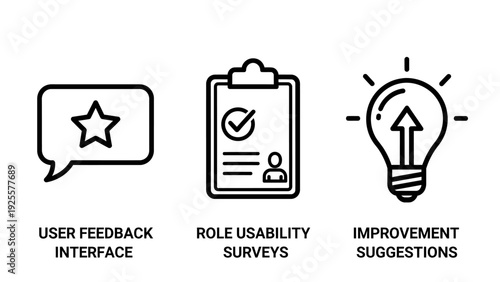 User experience and development icons for feedback interfaces, usability surveys, and improvement suggestions.