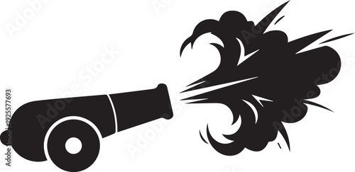 Old cannon firing with smoke cloud silhouette for historical battle vector illustration art