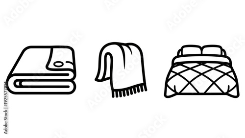 Cozy Home Bedding Icons: Folded Blanket, Draped Throw, and Quilted Bed for Comfort, Relaxation, and Interior Decor