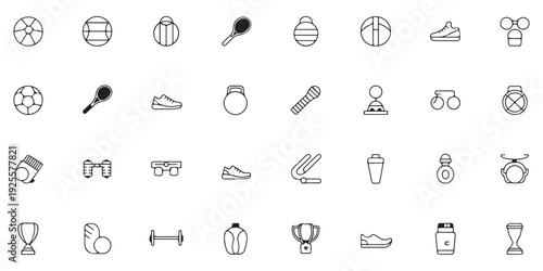 Sports equipment icons, balls, weights, shoes, racket, trophy for active lifestyle vector illustrations
