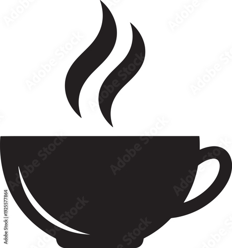 Clean, flat vector silhouette of a steaming tea cup, representing hot beverages and warmth, with elegant steam waves.