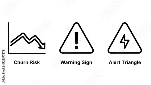 Risk and Warning Alert Icons: Churn Rate Graph, Exclamation Mark, and Lightning Bolt for Business Analytics and Safety