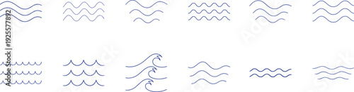 Set of thin line waves. Editable linear water, ocean, and ripple design symbols vector EPS file.