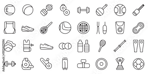 Sport and fitness equipment line icon set including balls dumbbells shoes racket trophy water bottle shirt