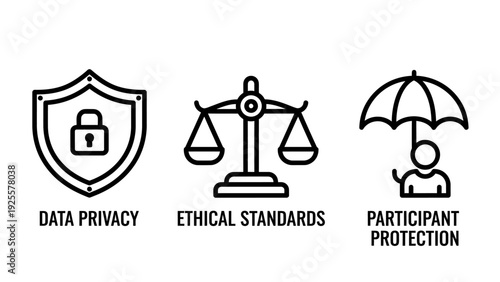 Abstract outline icons representing data privacy, ethical standards, and participant protection, symbolizing security, compliance, and human rights in digital and corporate contexts.
