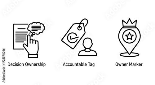Abstract outline icons representing decision ownership, accountability, and owner marking, symbolizing responsibility, leadership, and priority in business and project management.