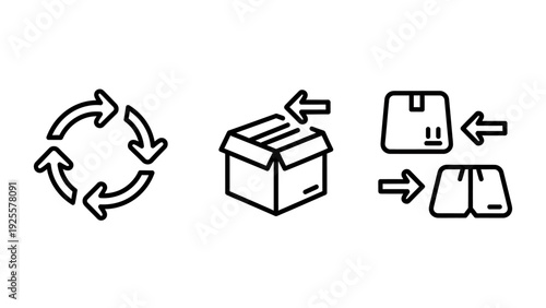 Abstract outline icons showing circular arrows, an open box with incoming arrows, and packages with directional arrows, representing recycling, logistics, and supply chain processes.