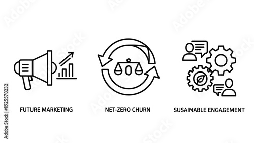Modern Business Strategy Icons: Future Marketing, Net-Zero Churn, and Sustainable Engagement for Growth and Environmental Responsibility